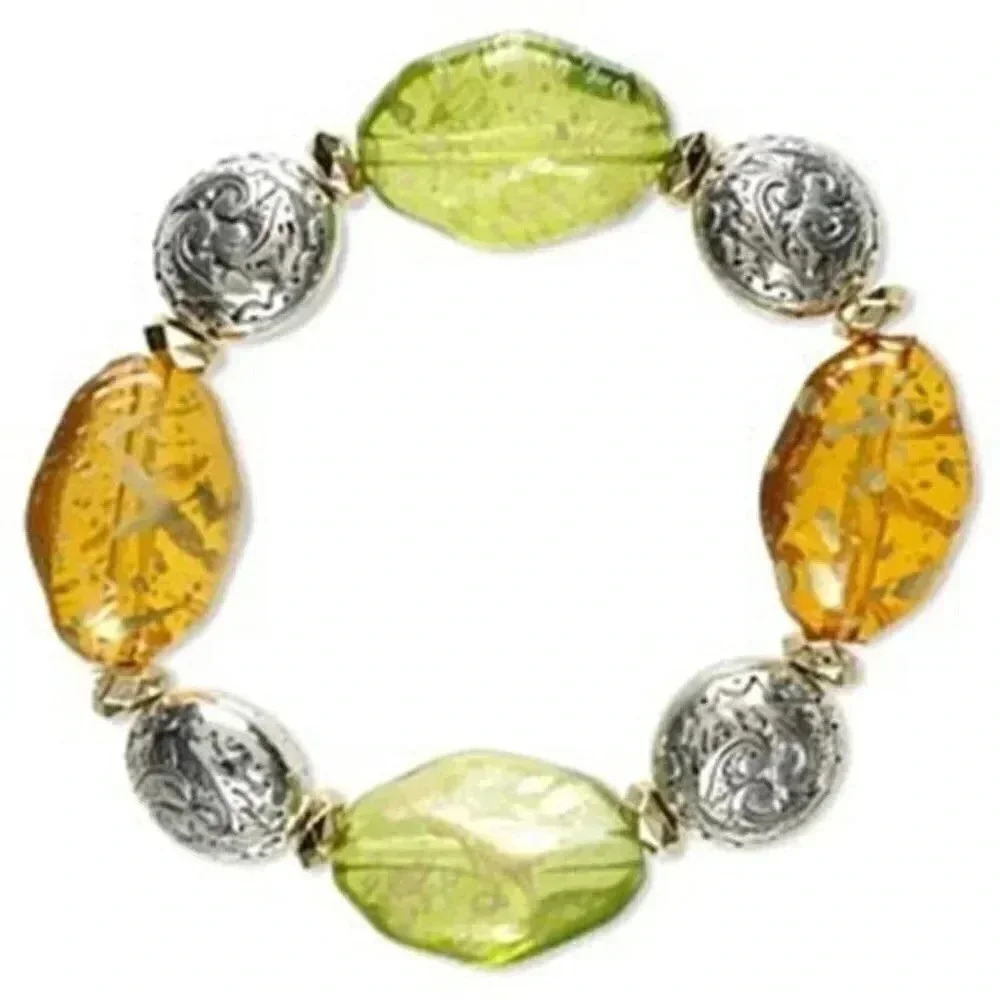 Vintage Y2K Chunky Orange Green Silver Gold Acrylic Beads Stretch Bracelet